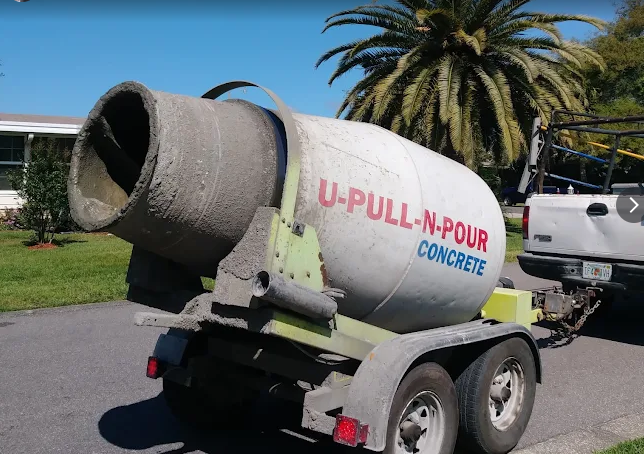 Rear view of mixer trailer on a residential street